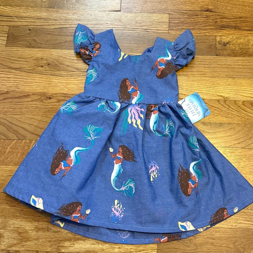 The Little Mermaid Disney Baby 18M Blue Chambray Ruffle Bow Cut Out Print Dress